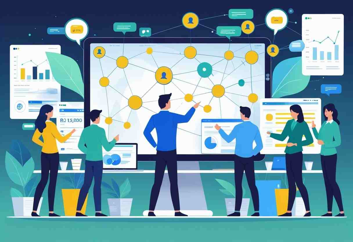 A group of professionals collaborating around a digital screen showing interconnected nodes representing brand mentions and citations in an office setting.