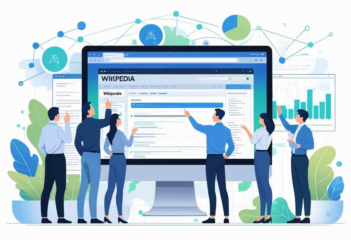 A group of professionals collaborating around a computer displaying a Wikipedia page with highlighted link areas and arrows showing backlink connections.