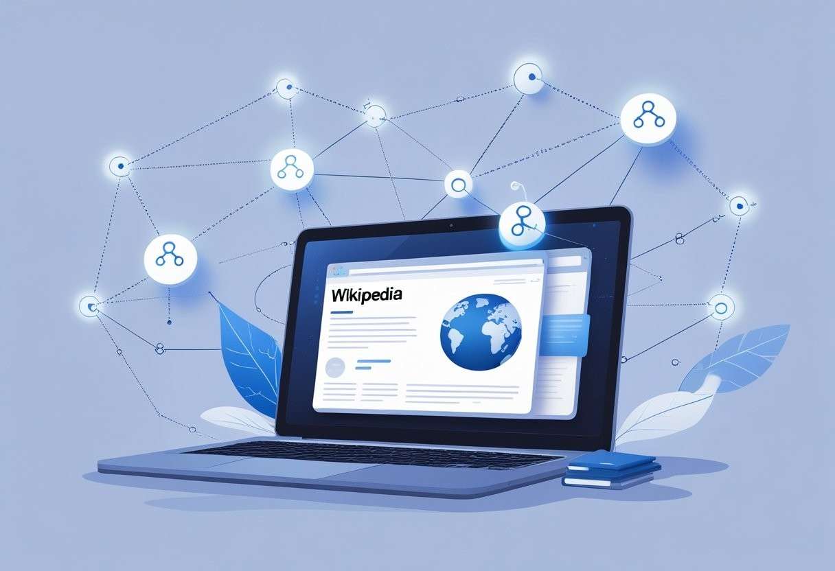 An open laptop showing a Wikipedia page on the screen surrounded by floating icons of hyperlinks and a digital network of connected nodes in the background.