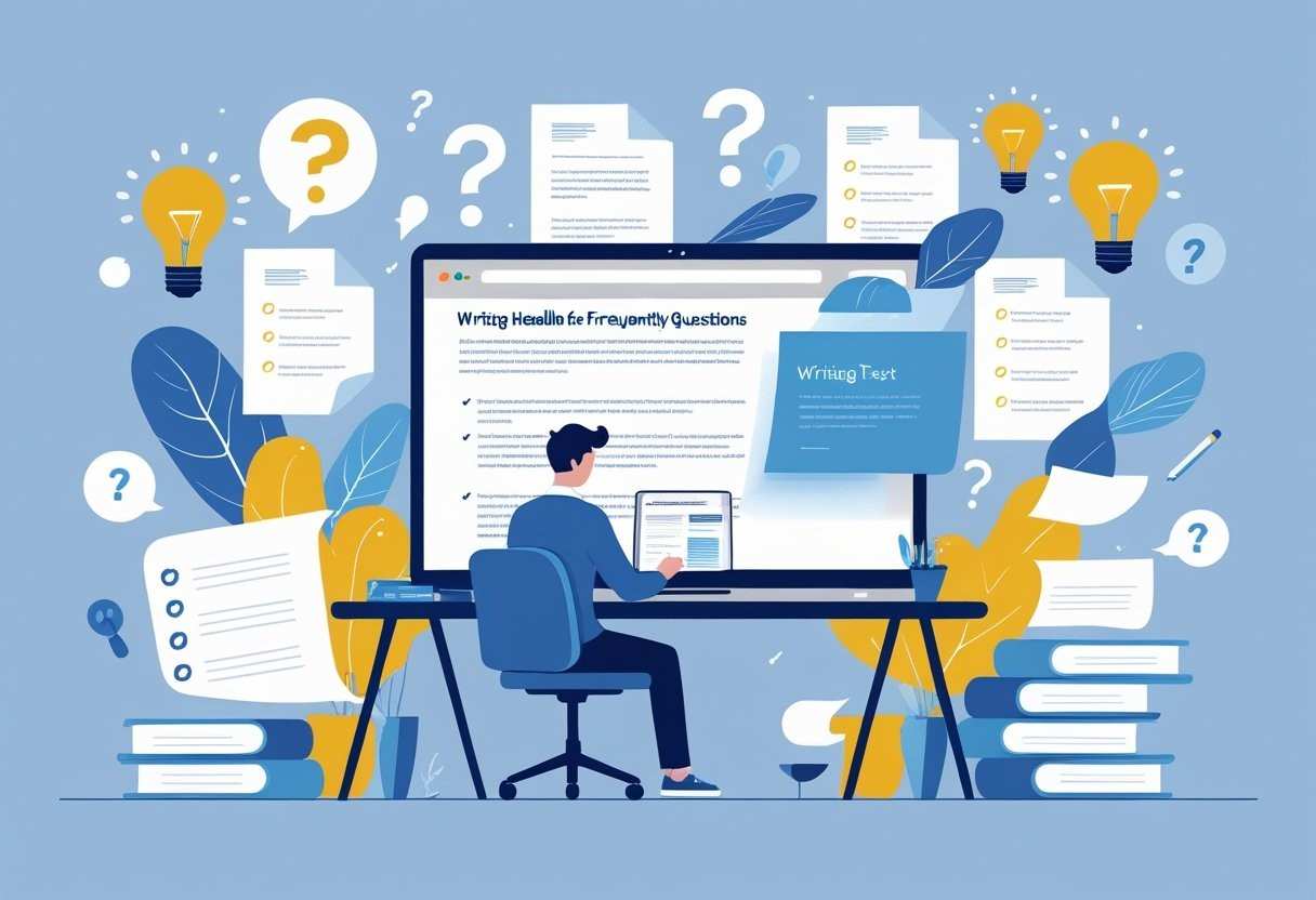 A person sitting at a desk using a laptop surrounded by icons representing writing and ideas.