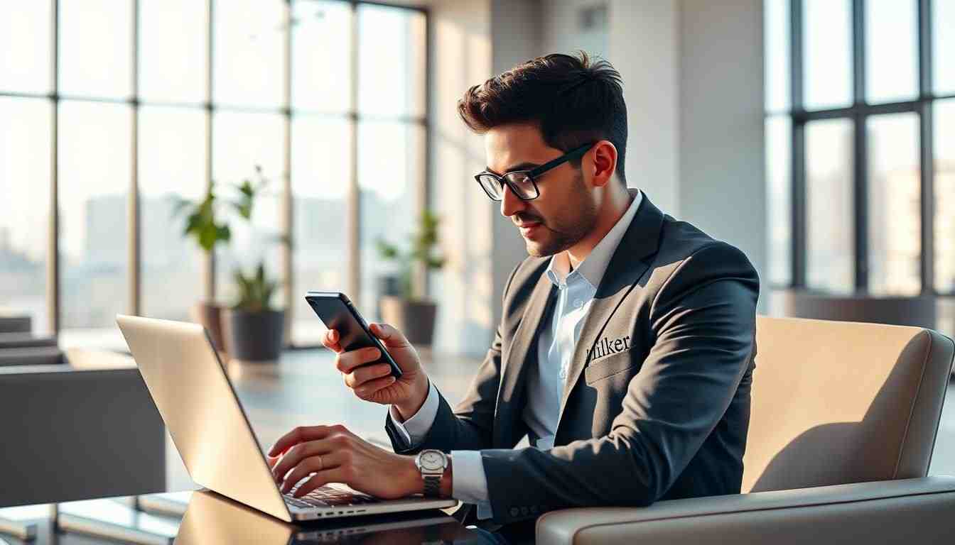 专业人士使用笔记本电脑和智能手机创建LinkedIn公司页面