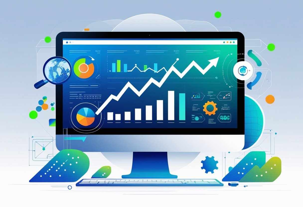 SEO Trends 2025 Summary - Digital Workspace with SEO Elements and Growth Analytics