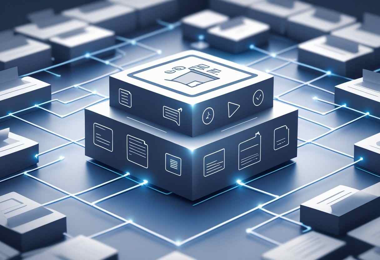 A large cornerstone block surrounded by smaller interconnected blocks representing website pages, connected by glowing lines to show their relationship and hierarchy.
